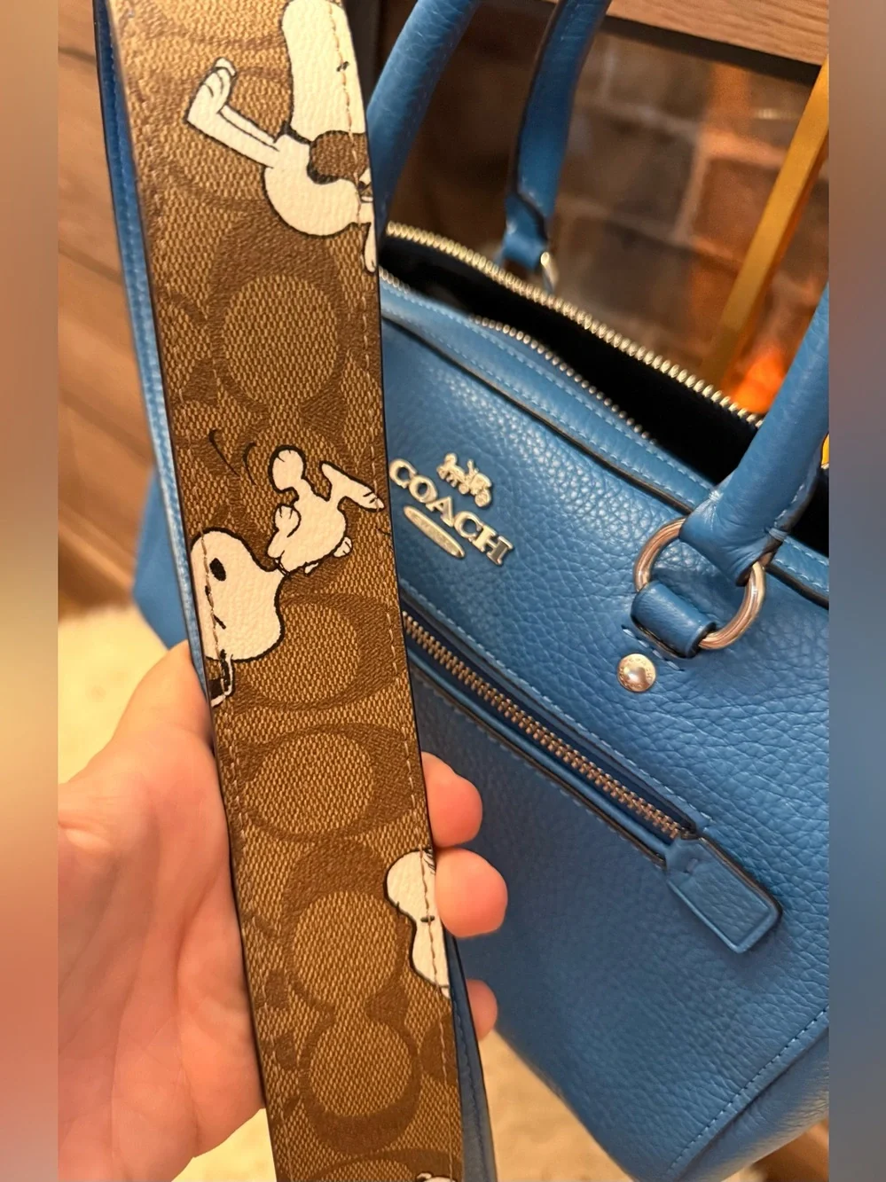 Coach x Peanuts Rowan Blue Leather Satchel with Signature Brown Snoopy Strap